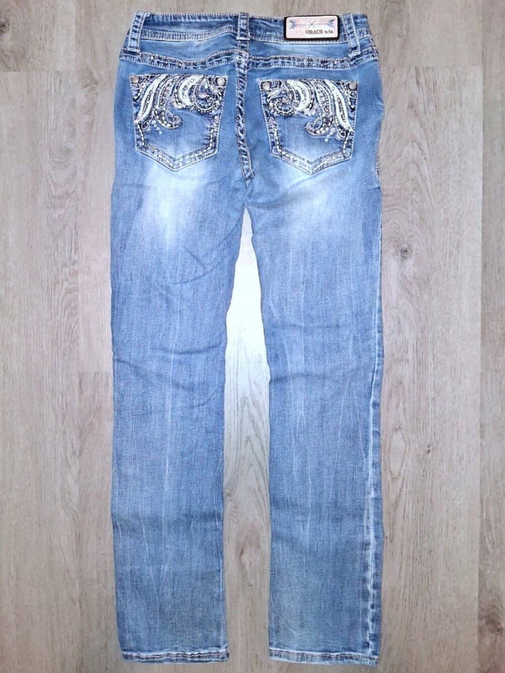 Grace in LA Straight Leg Skinny Jeans Size 26 Rhinestone Bling Distressed Denim